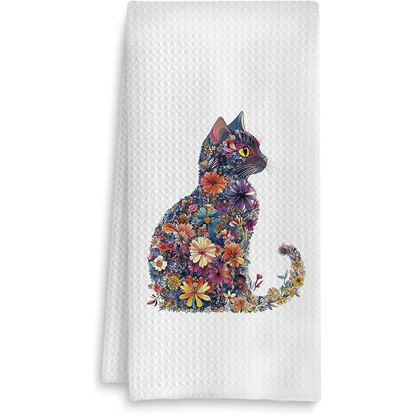 wonima44 Flower Cat Kitchen Towel, Floral Cat Hand Towel for Bathroom Decor, Kitten Dish Tea Towel for Kitchen Decor, Pet Gifts for Kitten Lovers Women Girls, 16x24 Inches