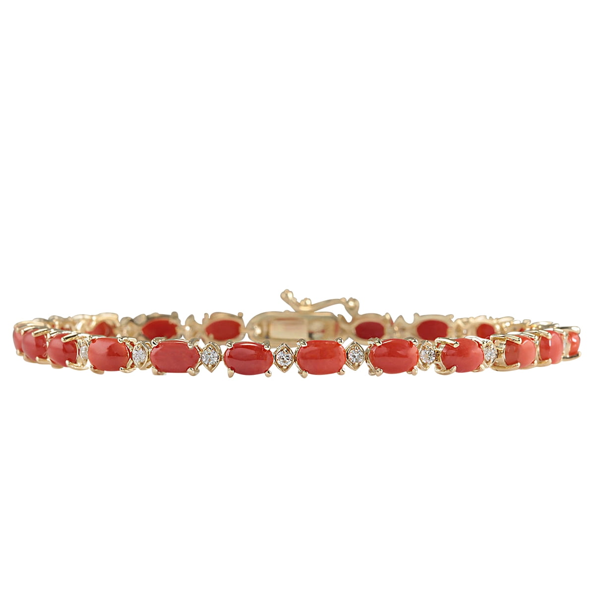 8.77CTW Natural Red Coral And Diamond Bracelet In 14K Yellow Gold by