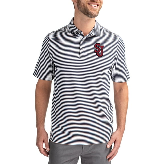 Men's Cutter & Buck  Navy St. John's Red Storm Virtue Eco Pique Stripe Recycled DryTec Polo