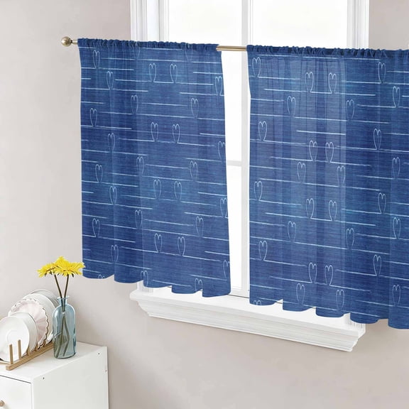 White Love Heart Semi Sheer Curtains 45 Inch Length 2 Panels Set, Vintage Denim Background Sheer Kitchen Curtain Privacy Voile Window Curtain for Living Room Bedroom Rod Pocket Drapes