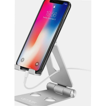 Cell Phone Stand for Desk Adjustable Foldable Phone Holder for Office Portable Desktop Dock Compatible with iPhone 14 13 12 11 Max Pro Xs Xr X 8 7 6, iPad Mini, Tablets 7-10" (Silver)