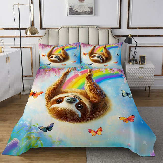 Erosebridal Kawaii Sloth Coverlet Set Queen, Chic Butterfly Rainbow Bedding Set, Animal Theme Room Decor 3 Pieces