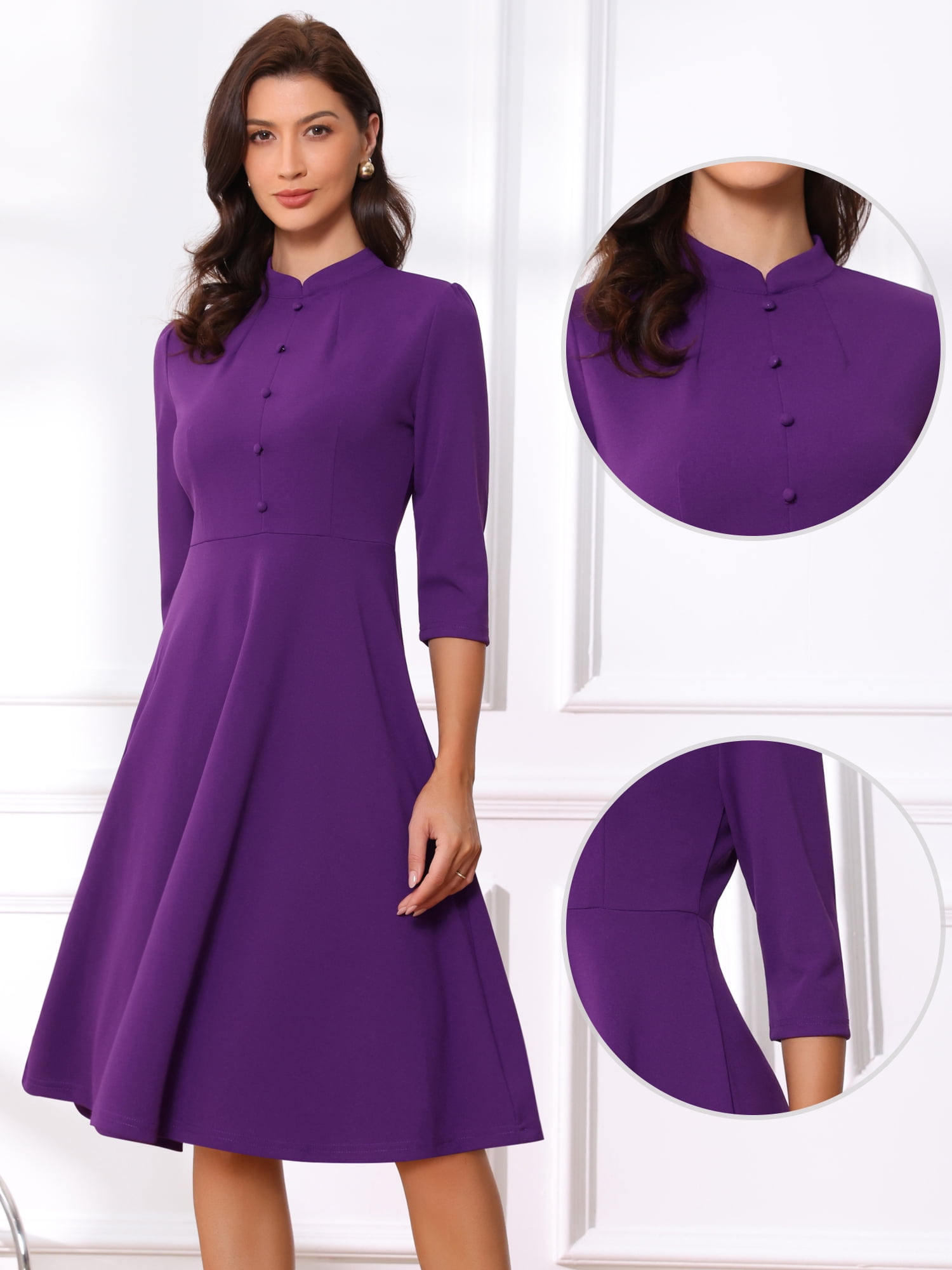 DARING DIVA Women's Vintage 3/4 Sleeve Church Semi Fit and Flare Dress XS Deep Purple