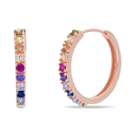 Sheridan Silver Plated - Lesa Michele Rainbow Cubic ZIrconia Round Huggie Hoop Earring in Rose Gold Plated Sterling Silver