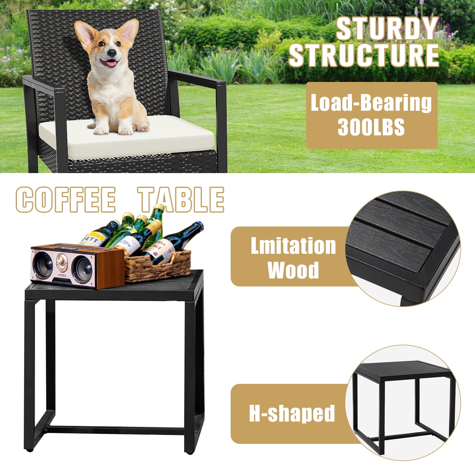 JORVIMAX Patio Conversation Set Outdoor Furniture Set Porch Bistro Set Rocking Chairs With Coffee Table Beige