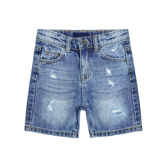 KIDSCOOL SPACE Shorts en Jean pour Grandes Filles Garçons, Déchirés Extensibles Design Simple Mignons Pantalons en Denim d'Été, Bleu, 7-8 Ans