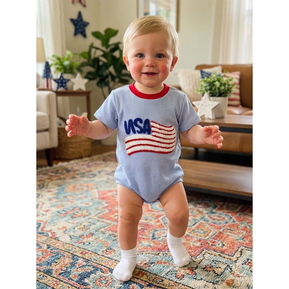 BemeyourBBs Newborn Baby Boy Girl 4th of July Outfit Patriot Independence Day Clothes Summer Bubble Romper Short Sleeve America Flag Embroidery Bodysuit Jumpsuit