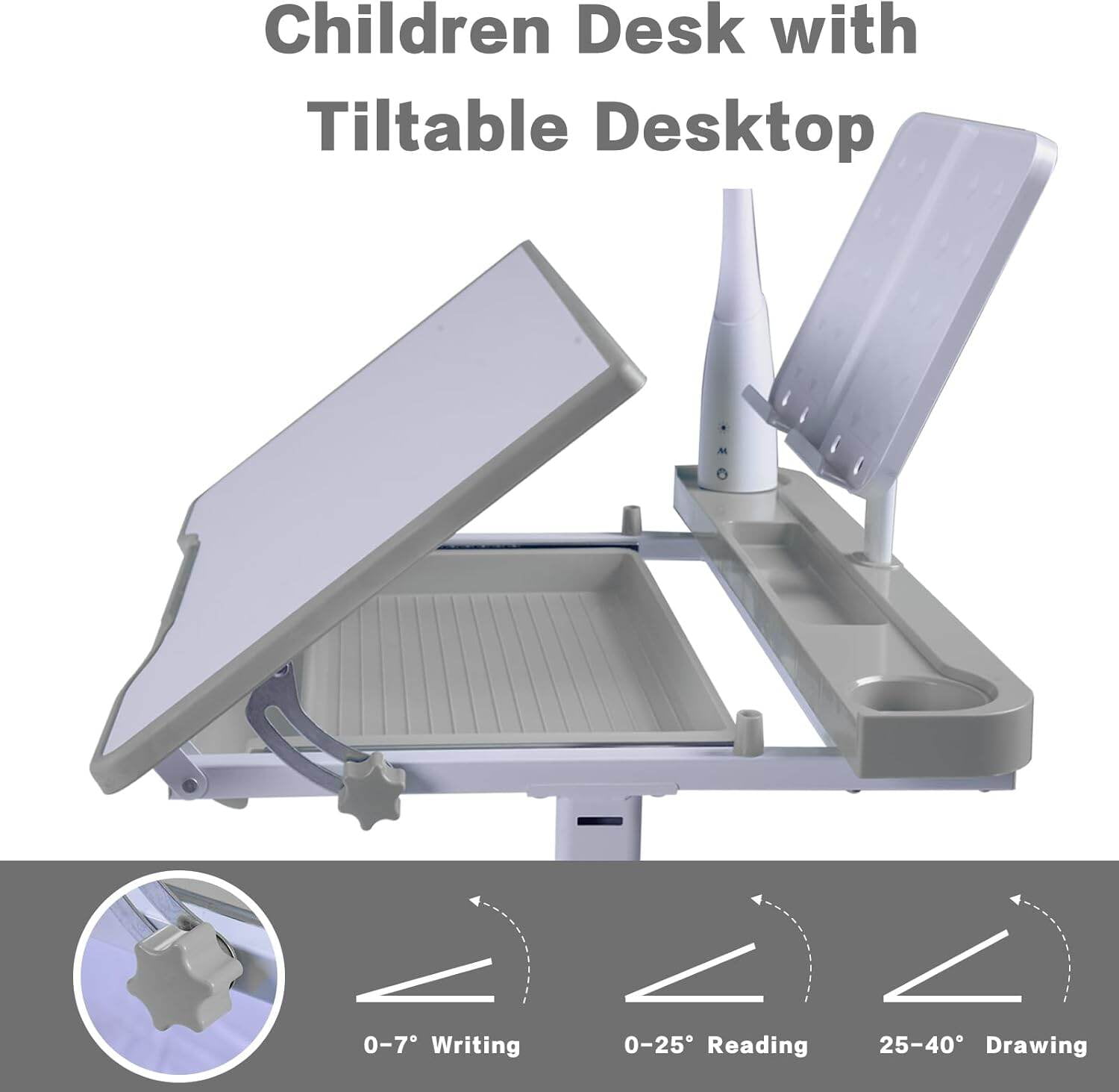 Kids Furniture Desk for Kids Desk and Chair Set Kids Art Desk Drafting Table Desk Set with Adjustable Height, 40-Degree Tiltable Children Desktop, LED Light, Bookstand, Gray,Baby Nursery Furniture