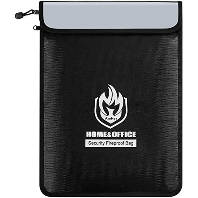 Upgraded Two Pockets Fireproof Document Bag (2000?), andyer 15”x 11”Waterproof Fireproof Money Bag with Zipper, Waterproof Holder Pouch Fire Safe Envelope for Valuables, Legal Documents (Jet Black)
