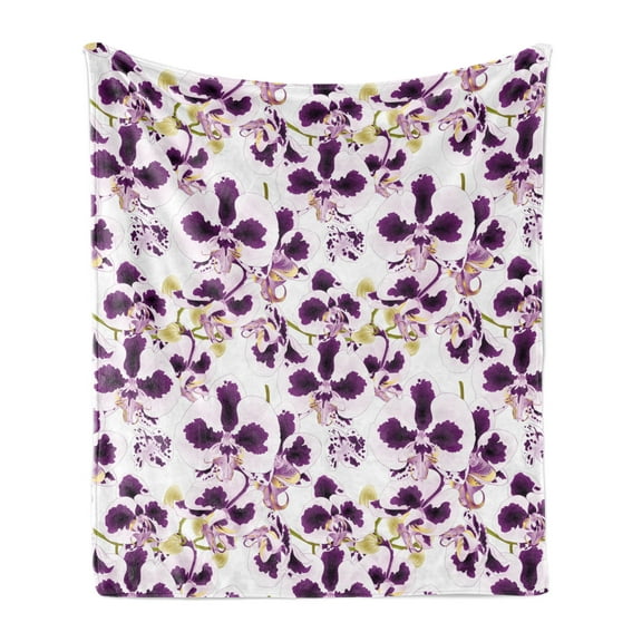 Floral Soft Flannel Fleece Blanket, Phalaenopsis Orchid Flowers with Buds Tropical Plants Botanical Theme, Cozy Plush for Indoor and Outdoor Use, 60" x 80", Dark Purple White Khaki, by Ambesonne