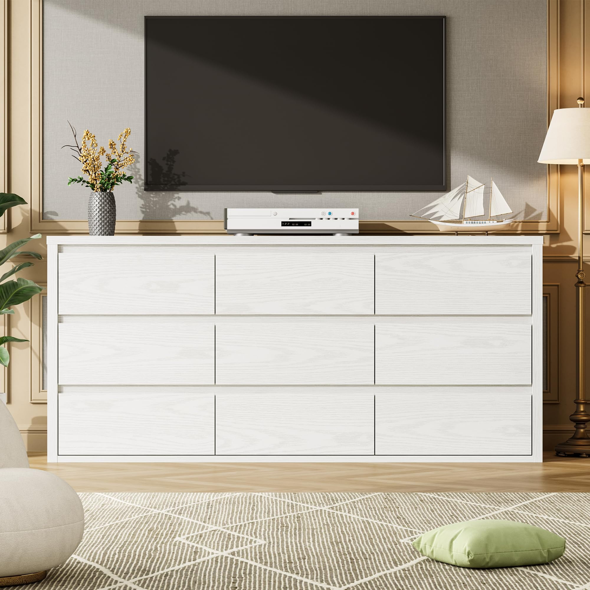 9 Drawer Dresser for Bedroom, Wide Chest of Drawers with Handleless Design, Large Wood Storage Organizer for Living Room Hallway Entryway, White
