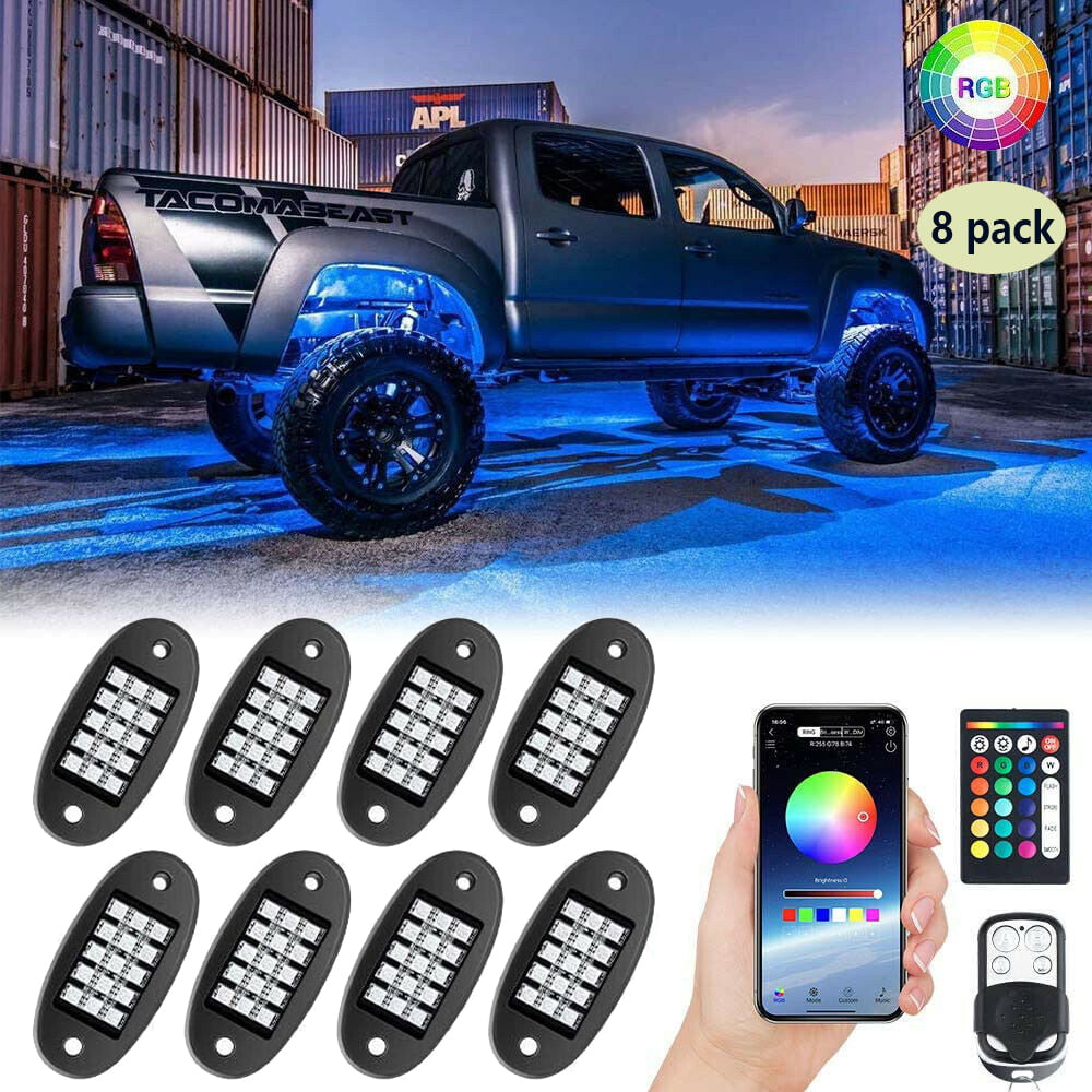 RGB LED Rock Lights Kit Auto Underglow Neon LED Light with Bluetooth Controller Music Mode for Car Jeep Truck SUV ATV Offroad Boat App Control Timing Function 6 Pods 