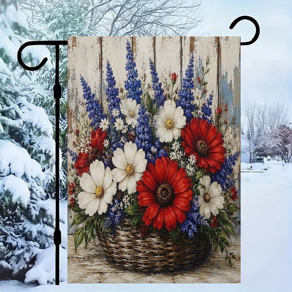 RKSupls Patriotic Linen Double Sided Garden Flag, Independence Day Themed Yard Decor, Red White Blue Daisy Basket Outdoor Banner for Holiday Lawn