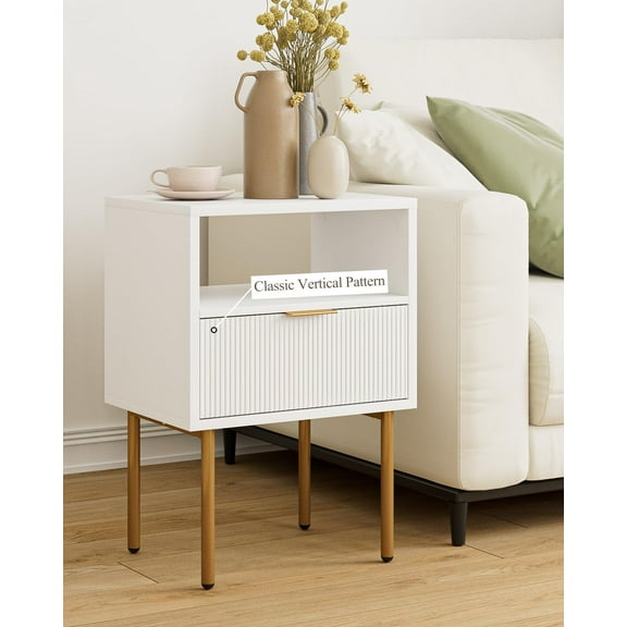 Nightstand,Mid-Century Modern Bedside Table with Storage Drawer and Open Wood Shelf,Small Gold Frame Side Table for Bedroom,Living Room,White