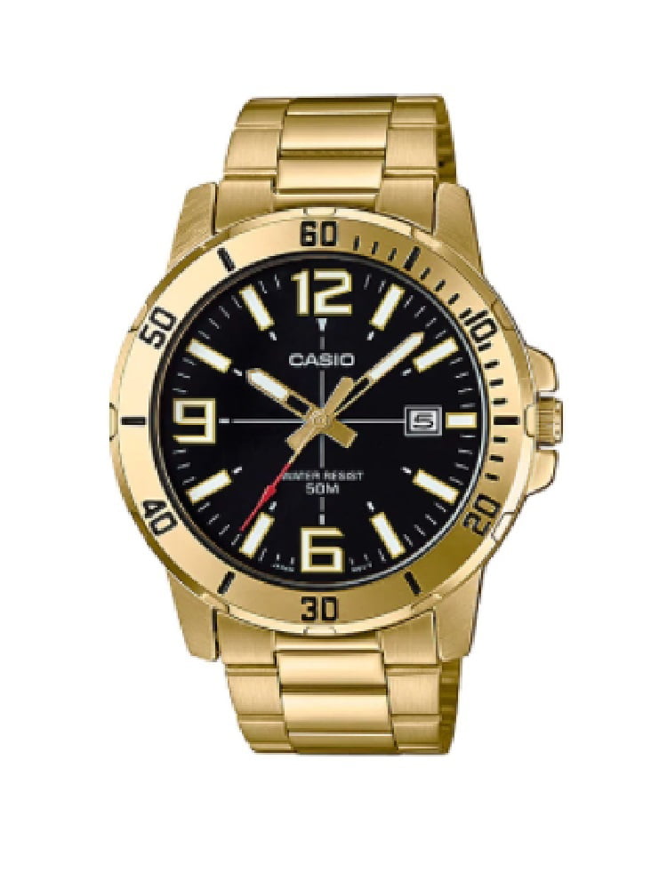 Casio Mens 50 Meter Water Resistant Black Dial Stainless Steel Gold Watch Mtp Vd01g 1bvudf