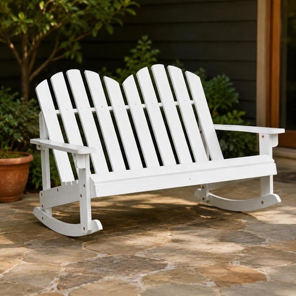 2 Person Adirondack Rocking Chair with Slatted Seat, White, Fir Wood, Outdoor Rocker