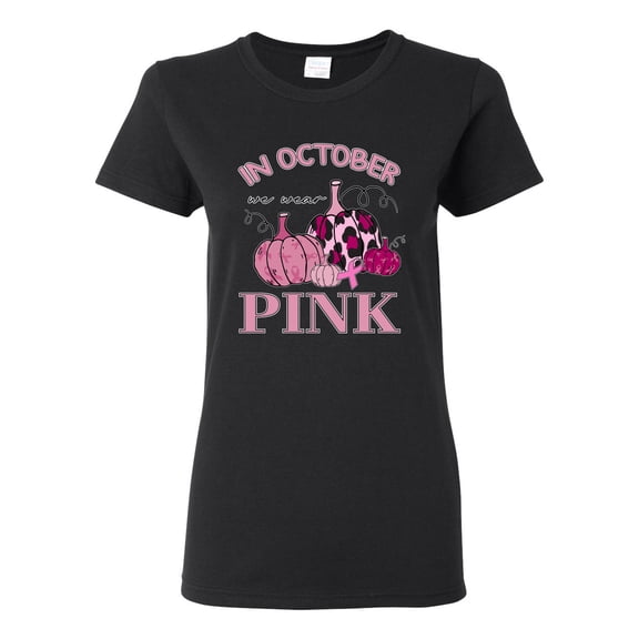 Wild Bobby In October We Wear Pink Pumpkin Cheetah Print Breast Cancer Awareness Women Graphic Tee, Black, Small