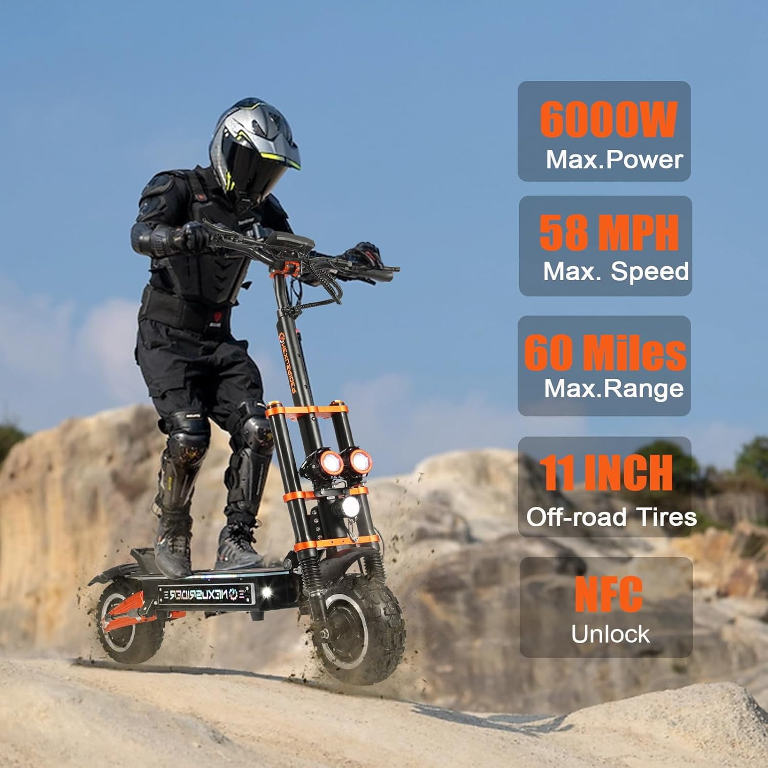 Adults Electric Scooter 6000W Dual Motor Up to 58 mph, 60 Miles Range, 60V35Ah Battery, C-Type Dual Suspensions 11" All Terrain Tires Adjustable Handlebar, NFC and Detached Seat, Foldable, Sport