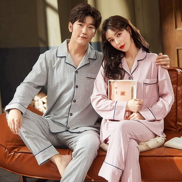Pijamas de pareja de primavera y otoño para mujer, de manga larga, de algodón de color puro, lindos para hombre, sencillos, de otoño e invierno, sin estampado, para el hogar