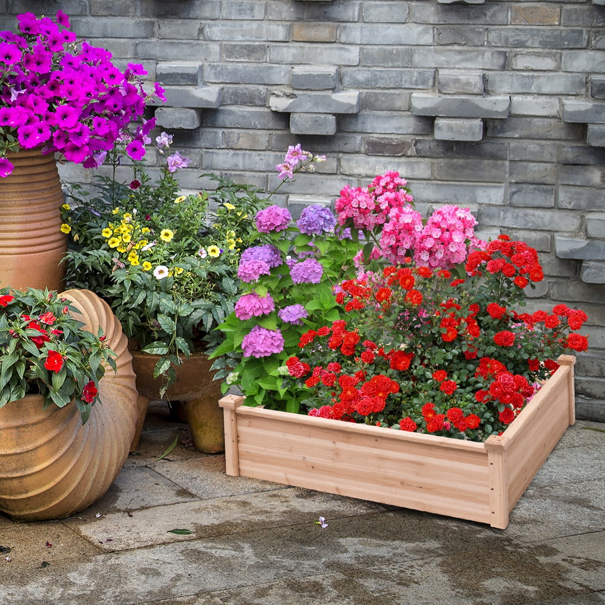 Gymax Wooden Garden Bed Vegetable Flower Raised Square Planter Kit Outdoor Garden
