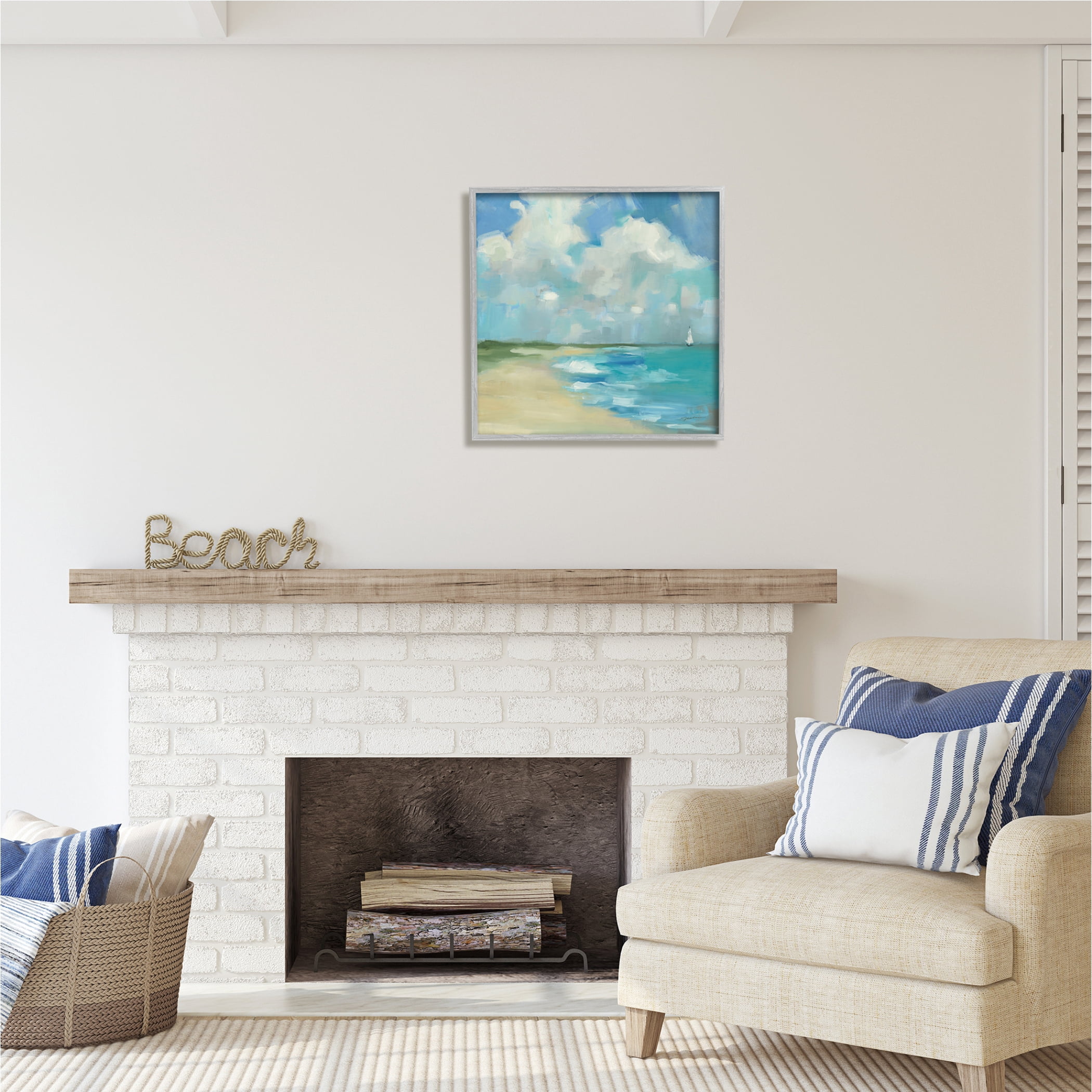 Stupell Industries Cloudy Beach Scenery Nature Painting Gray Framed Art Print Wall Art, 24 x 24