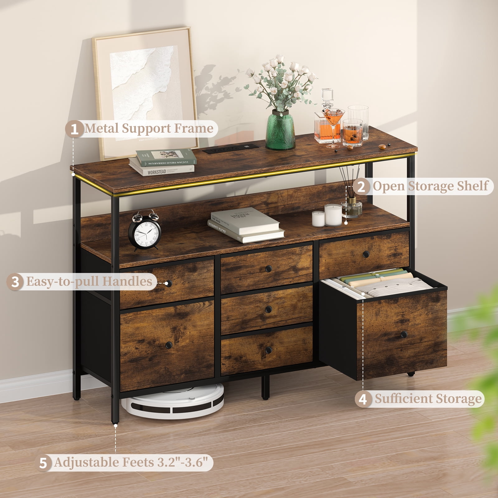 7 Drawer Fabric Dresser Storage Chest with Wood Top, Wide Dresser TV Stand for Bedroom,Living Room, Hallway, Entryway, Brown