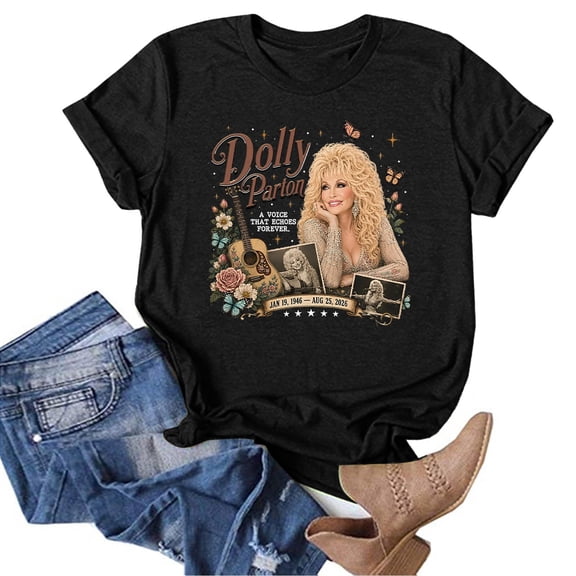VNKIDY Womens Vintage Dolly Shirt Short Sleeve Parton Memorial T-Shirts Country Singer Graphic Tees Casual Country Music Festival Loose Fit Fall Clothes For Women,Size L