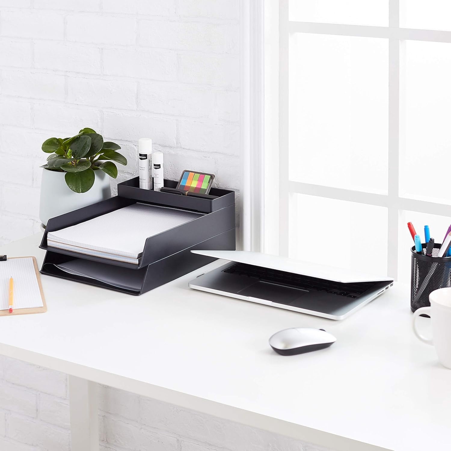 Rectangular Plastic Desk Organizer, Half Accessory Tray for Office Supplies and Workspace Organization, 9.4" x 3.3" x 1", White