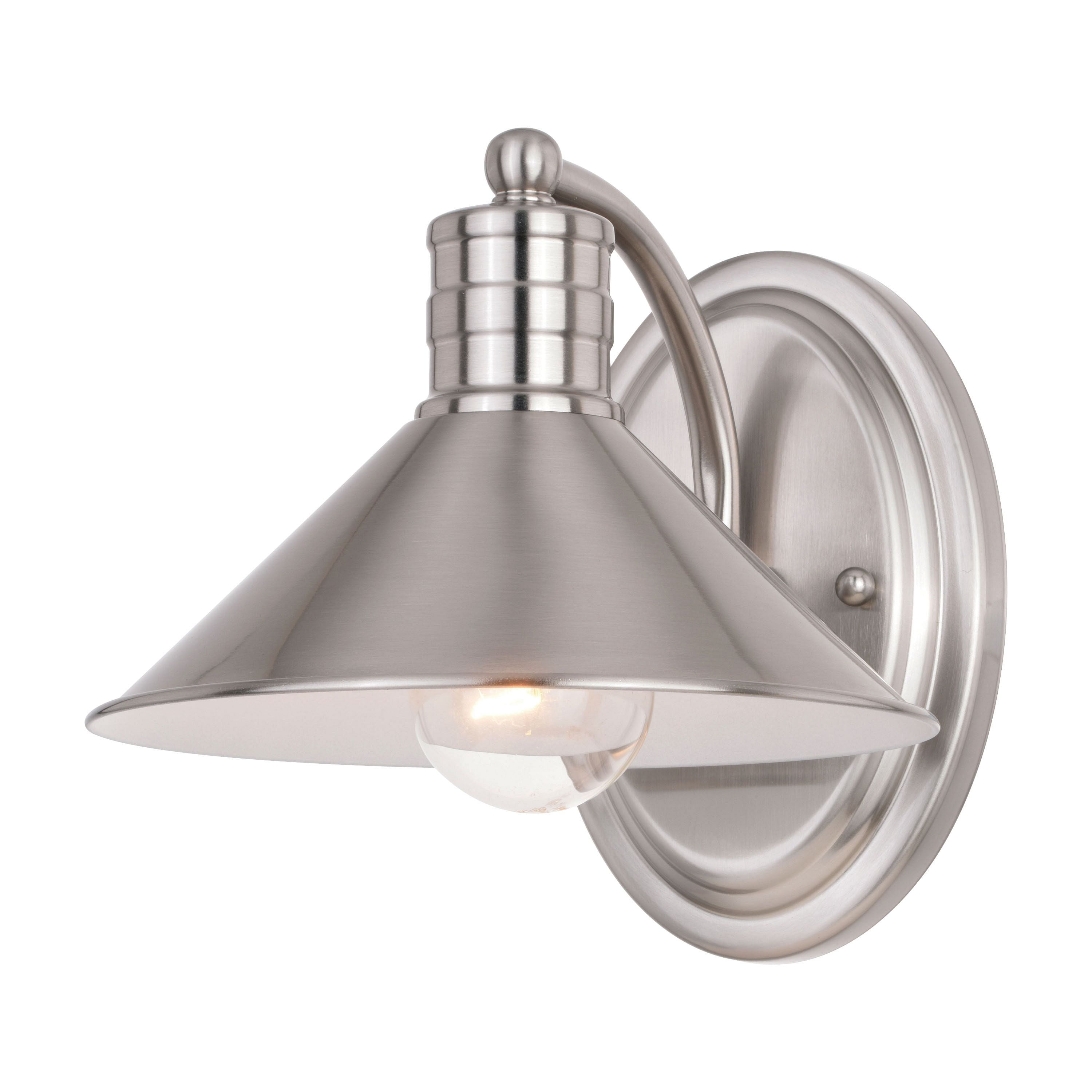 Vaxcel Akron 8-in Satin Nickel Farmhouse Barn Wall Sconce, 1 Light Bathroom Vanity Fixture, Metal Shade, White Interior