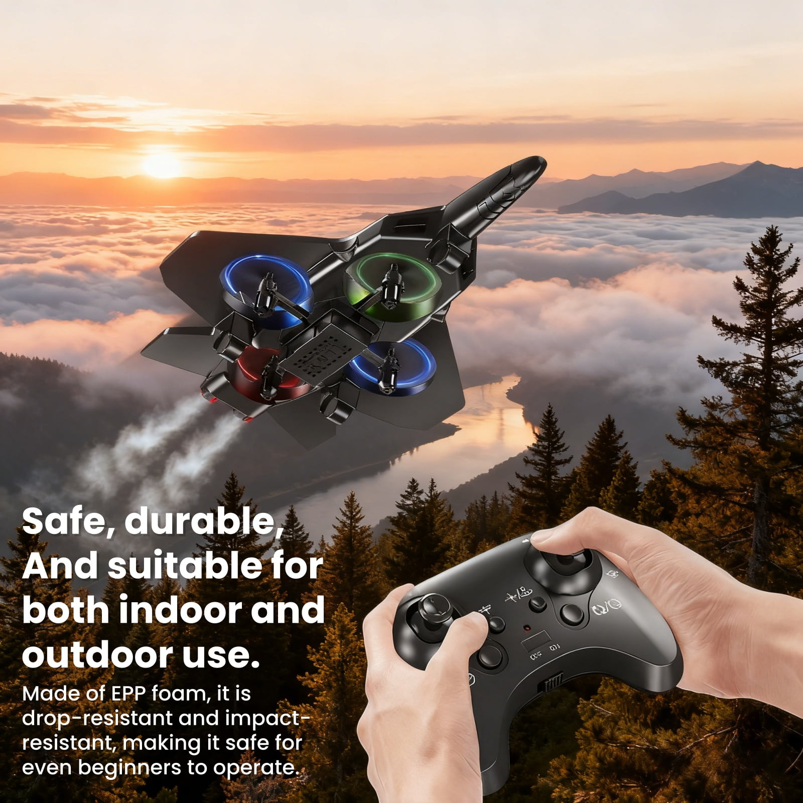 Foam Remote Control Airplane for Ages 14+, RC Fighter Jet with LED Lights, 360° Flip Stunt Roll, Durable EPP Plane Gift for Teens & Adults
