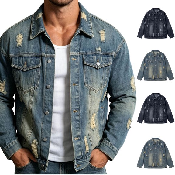 Xaqiouau Men's Blue Ripped Denim Jacket Distressed Jean Coat Spring Summer Style High Street Washed Workwear Outerwear Casual Trucker Jacket with Pockets Light Blue M