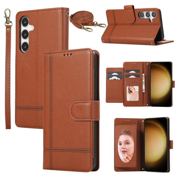 Allytechgroup Galaxy A15 5G Case Wallet with Cards Slots  Makeup Mirror   Hand Wrist   Crossybody Shoulder Strap, RFID Blocking Flip Stand Anti-Scrartch Retro Case for Samsung Galaxy A15 5G, Brown