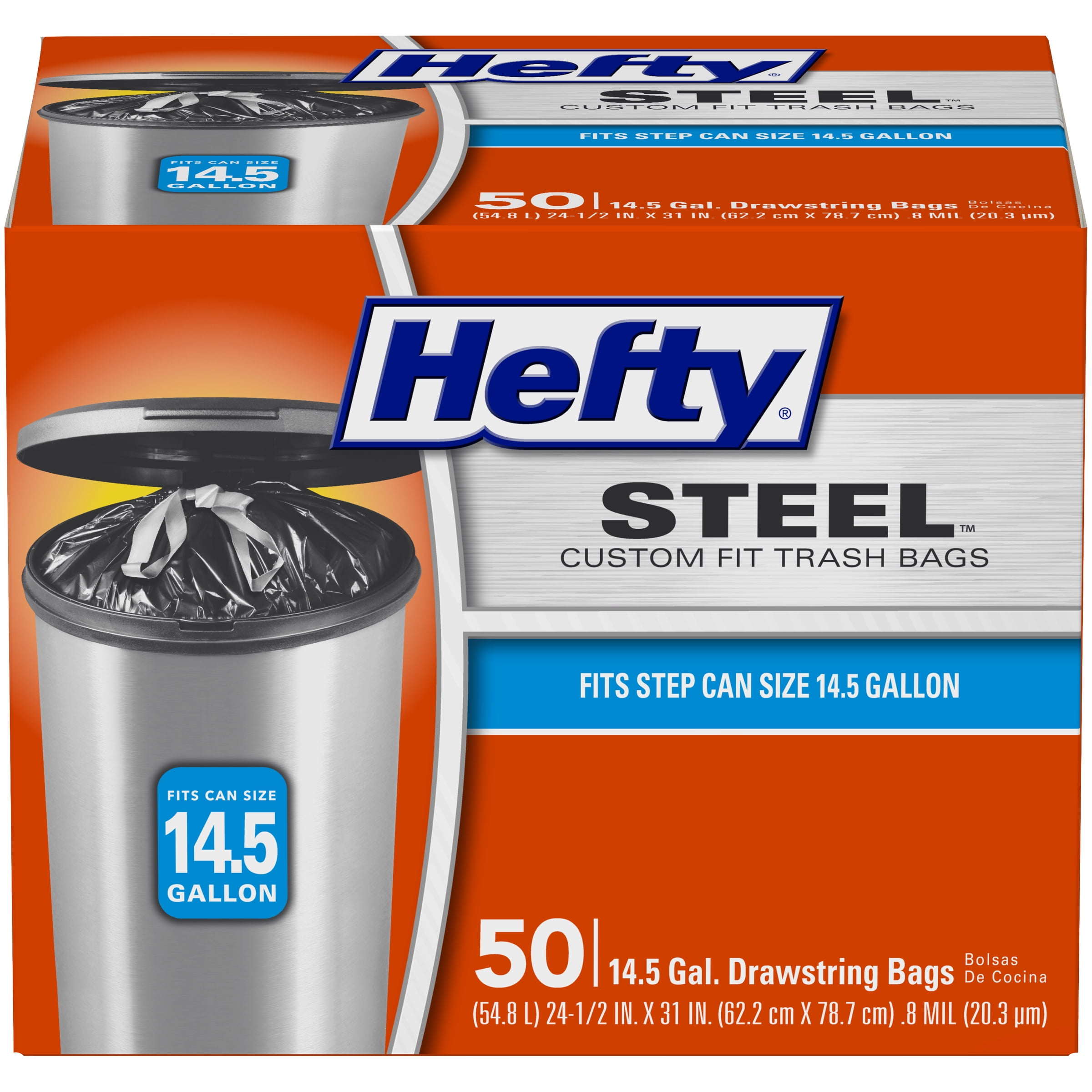 Hefty Steel Custom Fit L Size Drawstring Trash Bags, Black, Unscented, 14.5 Gallon, 50 Count