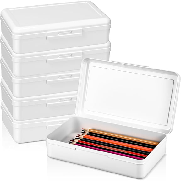 6 Pack Large Plastic Pencil Case Clear Pencil Boxes Bulk Hard Crayon Box Storage with Lid Snap 8.1 x 4.7 x 2.2 Inch White Closure Painting Marker Organizer Large Capacity Back to Supplies
