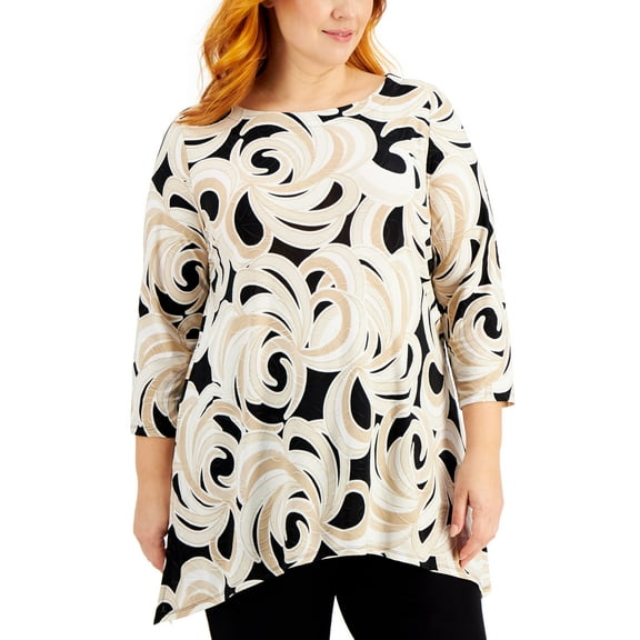 JM Collection Plus Size Printed Jacquard Handkerchief Hem Top Deep Black Combo 0X