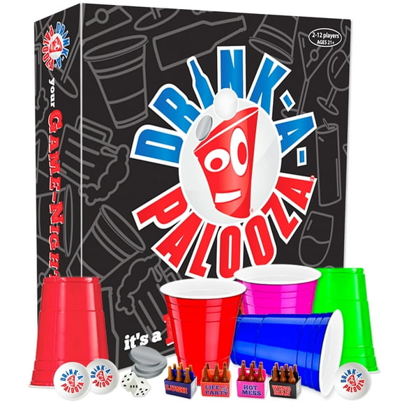 DRINK-A-PALOOZA Drinking Games for Adults - Competitive Board Game for Parties, 21st Birthdays, and Game Nights; Features Drinking Card Games, Beer Pong, and Couples Games – The Perfect Novelty Gift