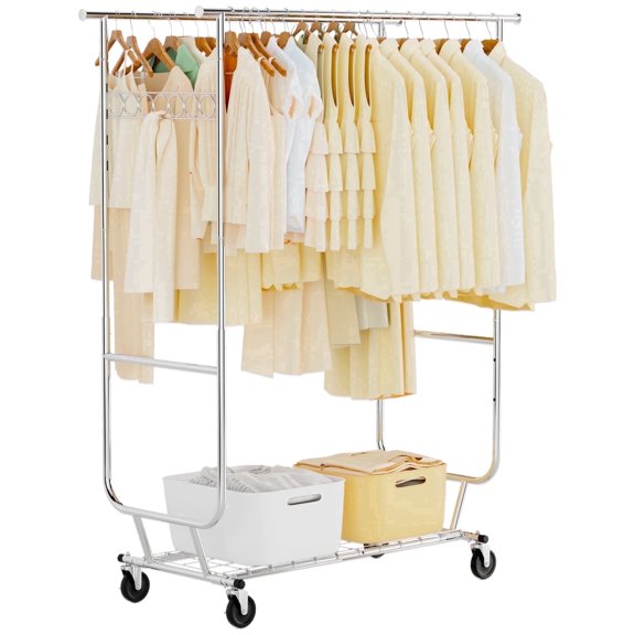 Clothes Rack Heavy Duty, 660 LBS Rolling Clothing Rack with Wheels, Silver