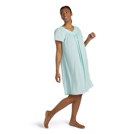 Miss Elaine Womens' Short Tricot Nightgown, Flutter Sleeves, Large, Seafoam