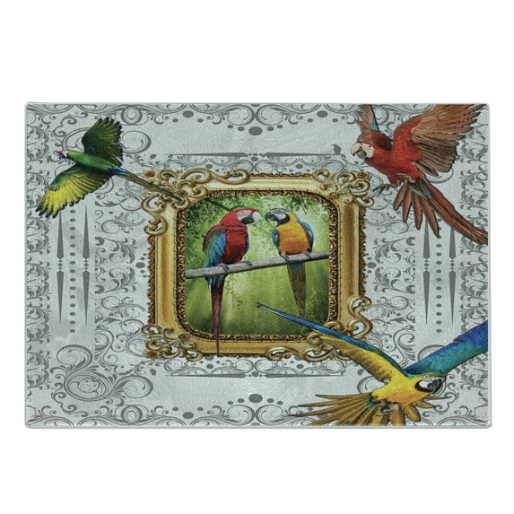Parrot Cutting Board, Exotic Colorful Birds on Branch and Flies Photo in Classic Antique Ornamental Frame, Decorative Tempered Glass Cutting and Serving Board, in 3 Sizes, by Ambesonne