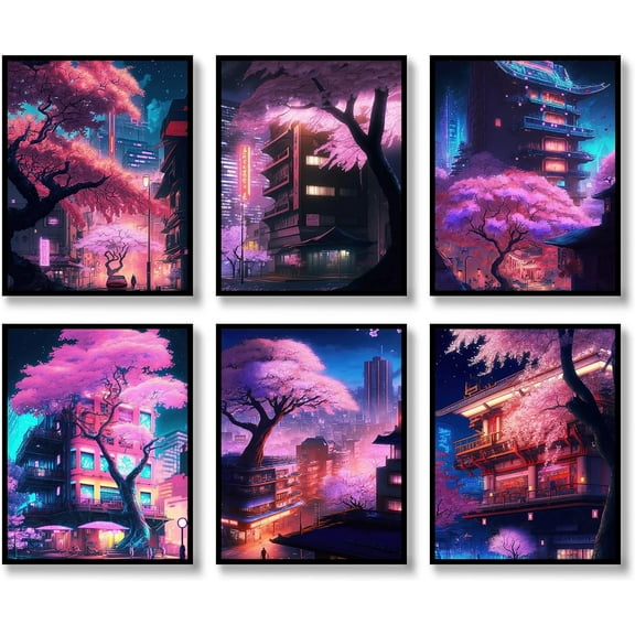 Japanese Wall Art Prints Set of 6 Anime Posters Abstract Illustration Wall Art Comic Sakura Picture Fashion Canvas Art Painting for Living Room Bedroom Wall Decor (8"x10" UNFRAMED)