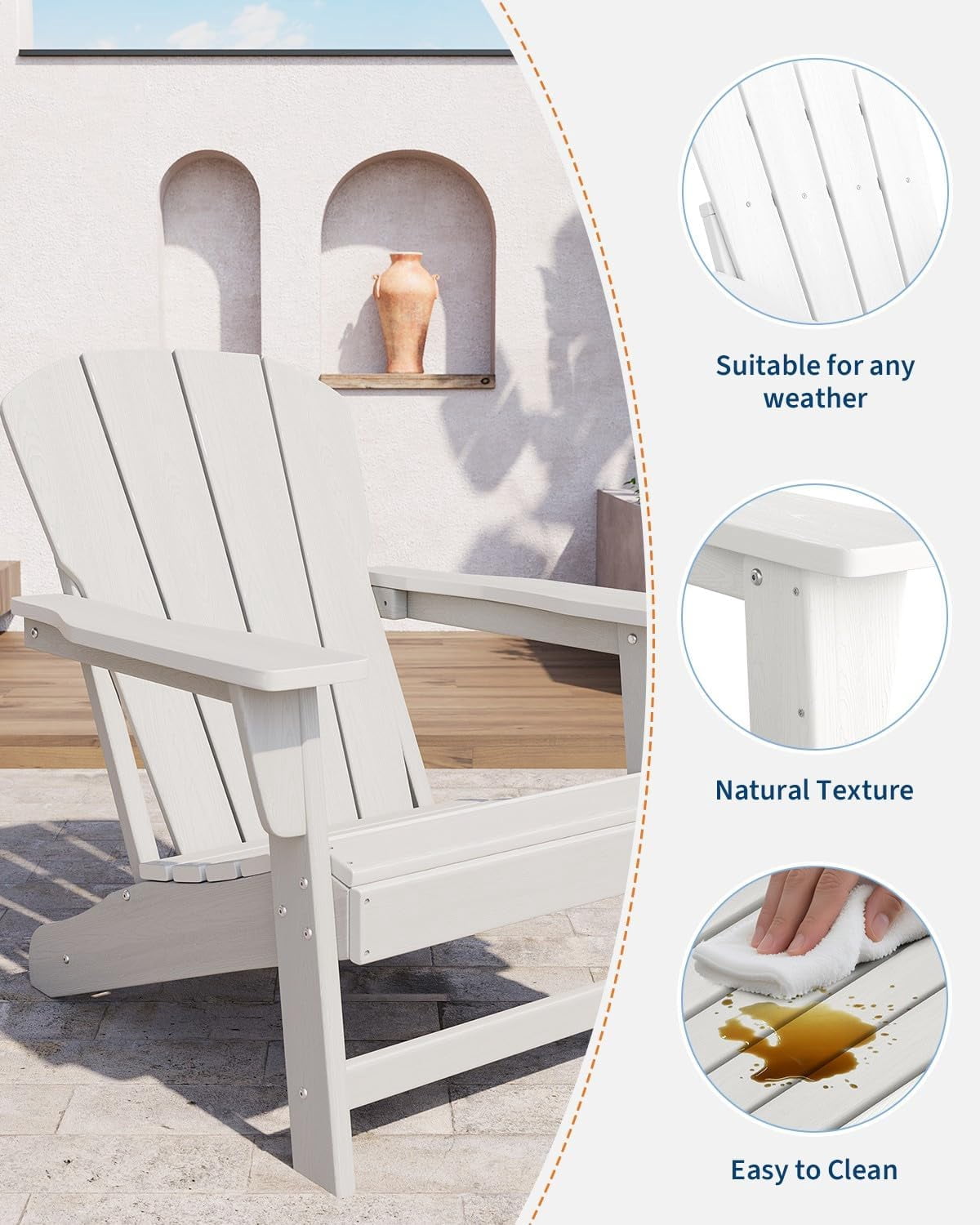 Modern HDPE Plastic Adirondack Chair - Oversize 380LB Poly Lumber Weather Resistant Firepit Chair - Outdoor Patio Chairs with Wooden Textured for Garden, Backyard, Lawn, Deck, Pool, Porch - White