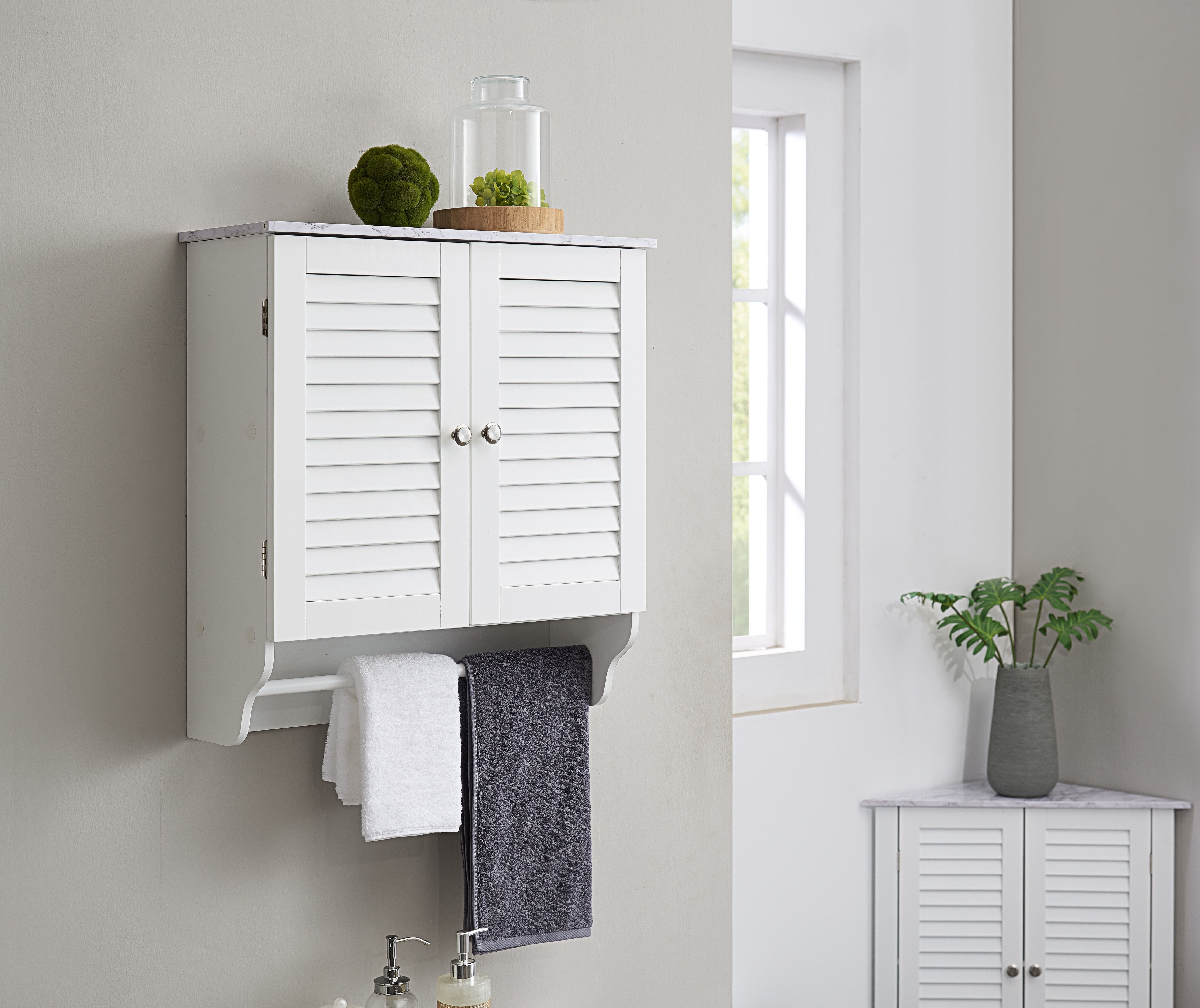 Trevita Wall Mounted Bathroom Storage Cabinet With Towel Rack White Marble Wood Com - White Wall Mounted Bathroom Cabinet With Towel Bar