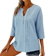 thumbnail image 5 of Htigea Women's 3/4 Sleeve Plaid T-Shirts Linen V Neck Buttons Tunic Tops Dressy Business Work Pullover Blouses Light Blue XL, 5 of 6