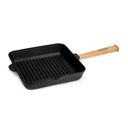 

Griddle Pan Cast Iron Square Grill Fry Pan with Removable Wooden Handle 2.74 qt. 10.2x10.2 Grilling Pan for Stove Tops Indoor Grilling Skillet