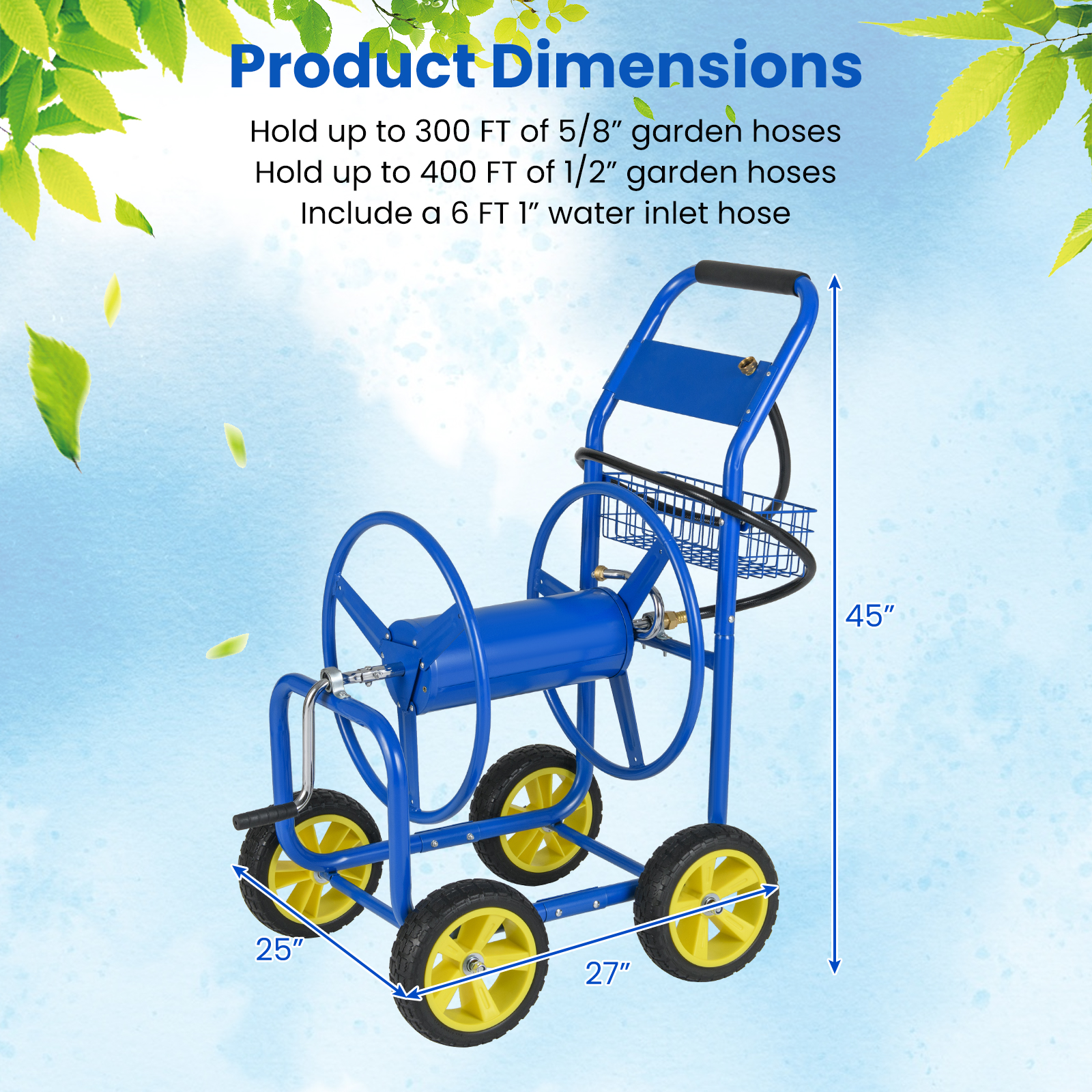 Gymax Garden Hose Reel Cart 300 FT of 5/8'' Large Capacity Heavy-Duty Metal Hose Cart Blue