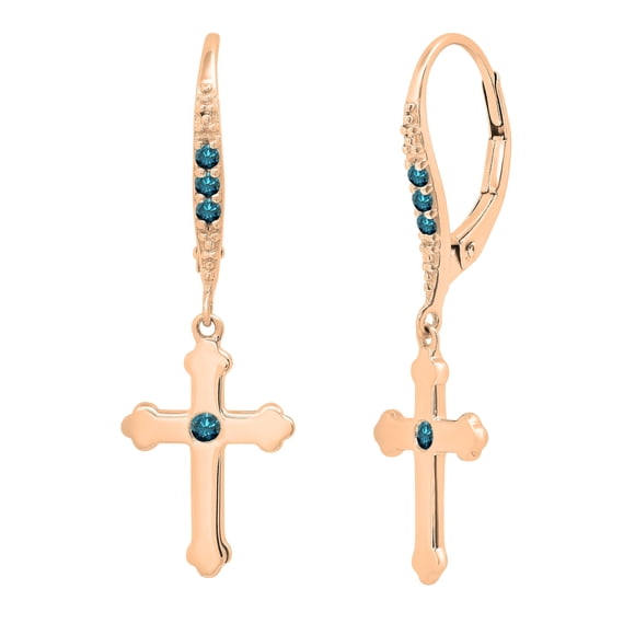 Dazzlingrock Collection Boucles d'Oreilles Unisexes Pendantes Croisées en Diamant Bleu Rond (0,14 ctw, Couleur Bleu, Pureté I2-I3) en Or Rose 14K