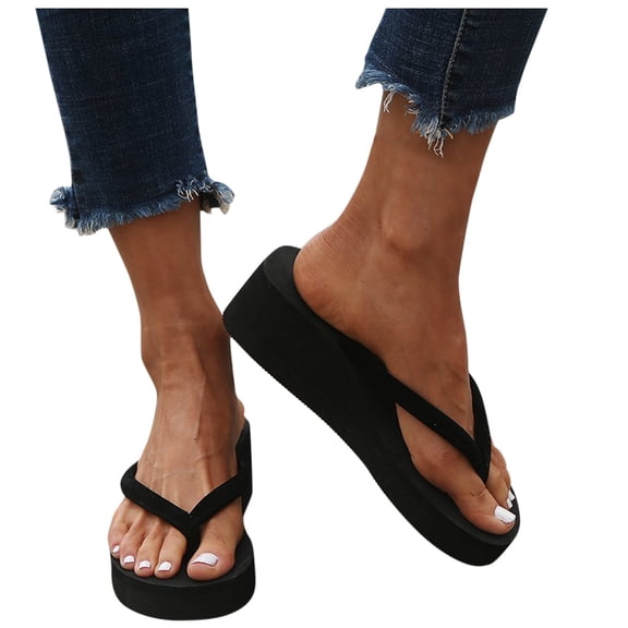 Modstep Womens Platform Wedge Flip Flops Trendy Dressy Summer Outdoor Slide Sandals Comfortable Indoor Walking Slippers Shoes Black 7.5