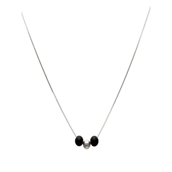 Black Onyx Stone Station Sterling Silver Bead Box Chain Necklace 16"