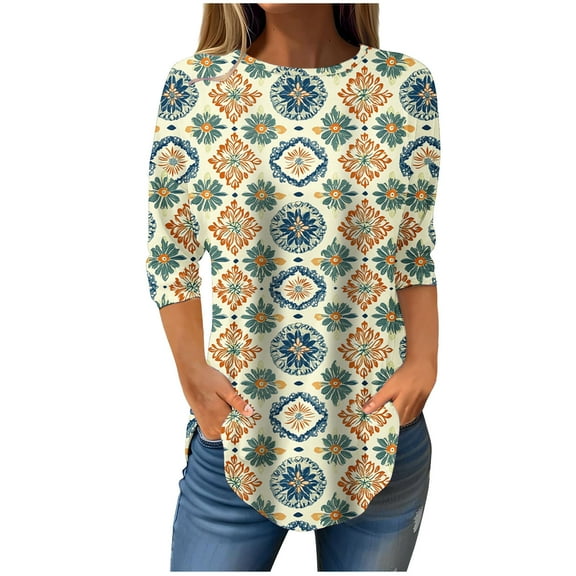 CYMMPU Blouses for Women Dressy Casual Crew Neck 3/4 Sleeve Floral Printed Tunic Tops Spring Tops Summer Trendy Shirts Loose Fit Hide Low Hem Plus Size T-Shirts Multicolor L