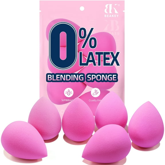 BEAKEY Makeup Sponge, Latex Free Beauty Sponge Blender for Blending Foundation Powder, Rose 6 Pcs